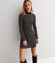 New Look Black Stripe Ribbed Jersey High Neck Mini Dress
